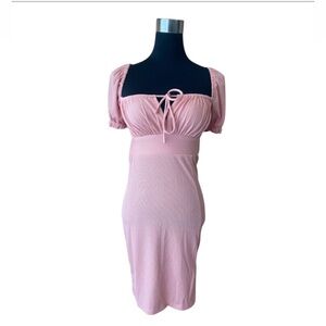 Vintage Y2K 2000s Pink Babydoll Bodycon Mini Dress Backless Peplum Sleeves S/M